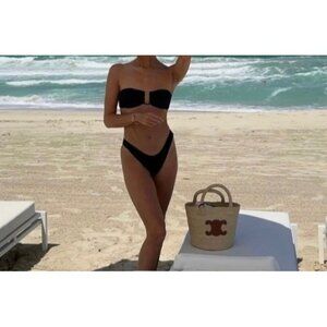 Monday Swimwear Cheeky Bikini Bottom Mid Rise Minimalist Black Beach Pool Sz VV